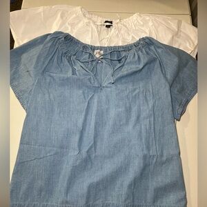 J.Crew Blouses Chambray & White Short Sleeve Tie Neck Peasant Top Bundle of 2